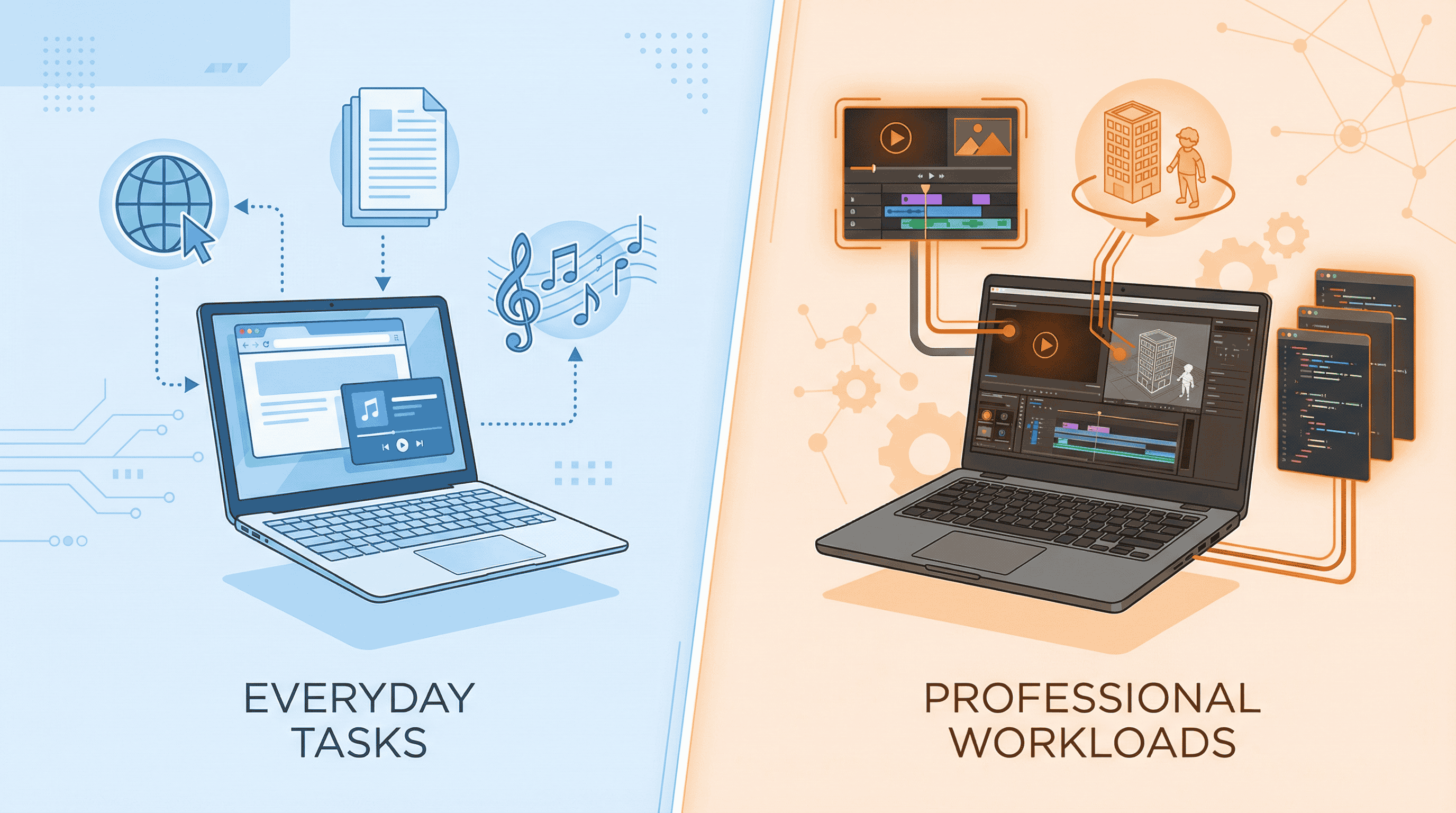 MacBook Air vs MacBook Pro performance comparison infographic showing everyday tasks vs professional workloads
