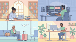 Different users using MacBook - student, video editor, traveler, developer illustration