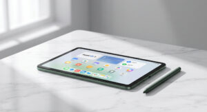 Xiaomi Pad 8 tablet in green color with stylus on desk