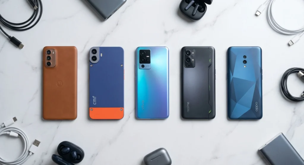 Top 5 camera smartphones under 20000 design comparison - flat lay showing back panel designs and build quality