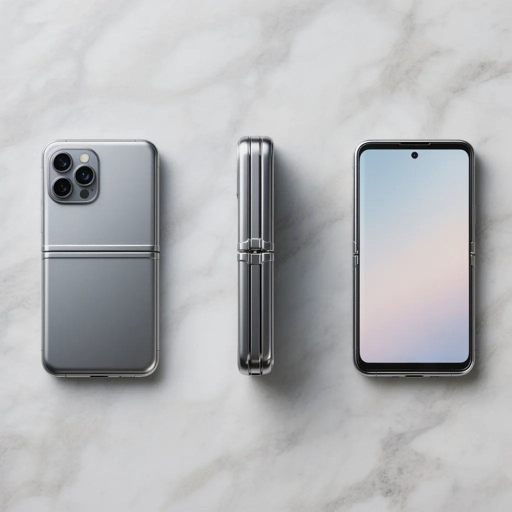 iPhone Fold Design - Folded, Half-Open, and Unfolded View with Liquid Metal Hinge
