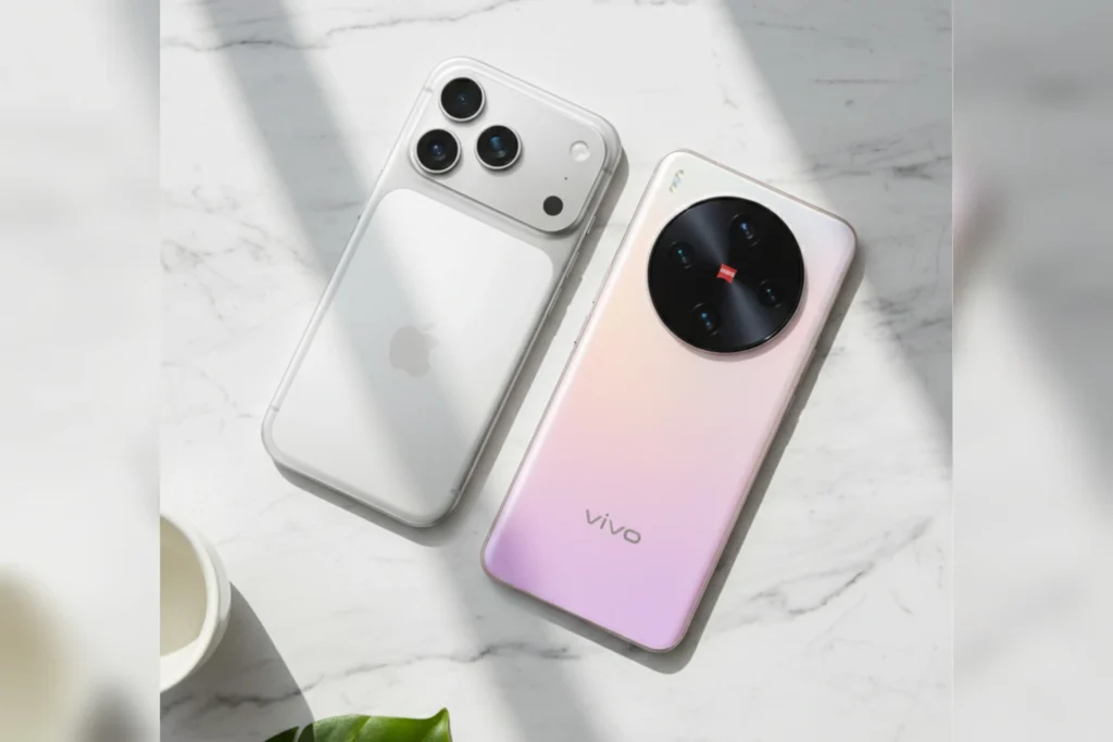 iPhone 17 dual camera vs Vivo X300 triple camera setup - rear design comparison flat lay