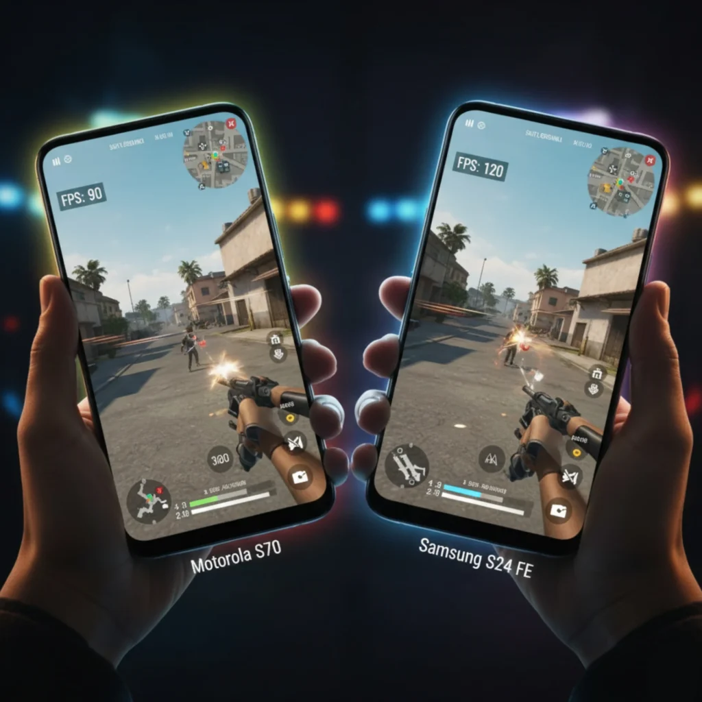 Motorola S70 120fps gaming performance compared to Samsung S24 FE 90fps gameplay test