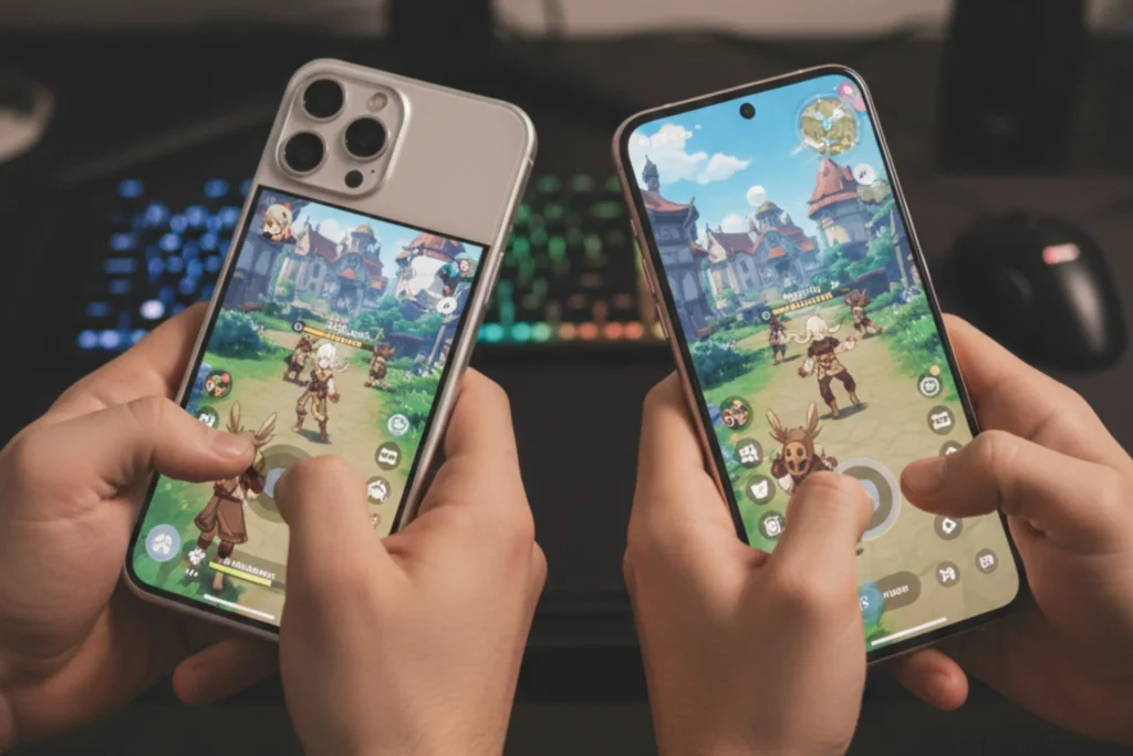 Gaming performance comparison between iPhone 17 and Vivo X300 running heavy mobile games