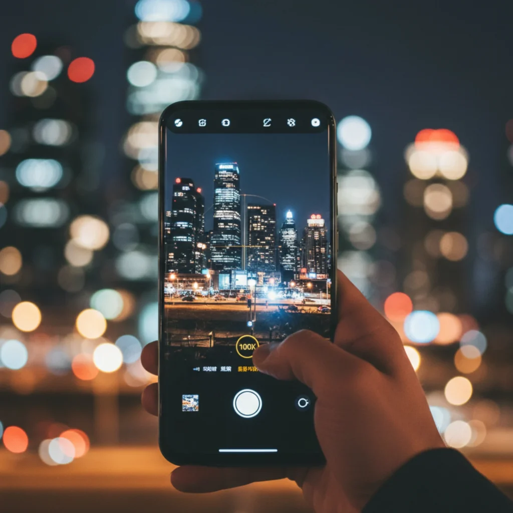 Xiaomi 17 Ultra 200MP telephoto camera capturing night photography with optical zoom