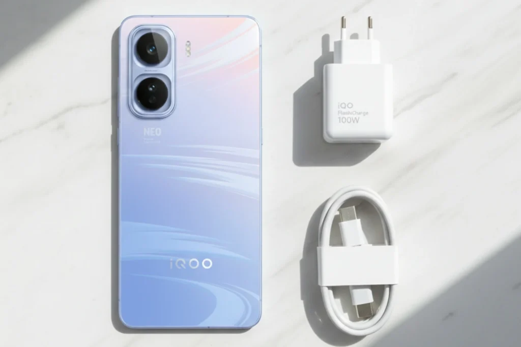 iQOO Neo 11 design with 50MP dual camera setup and 100W fast charger in box